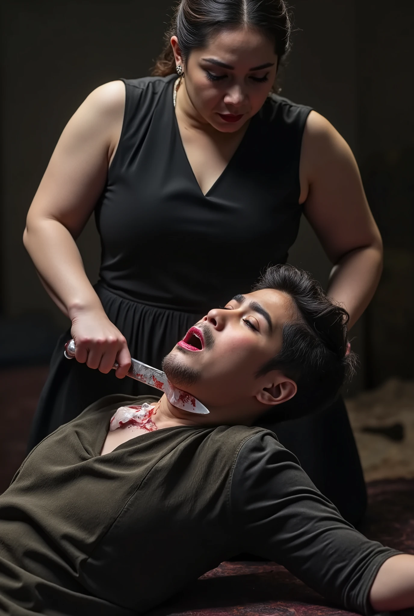 Very beautiful woman, big breast, femdom, woman kill boy, woman killer, woman cut throat boy, knife, a boy, death boy, woman slashing boy, neck blood splash, boy mask, boy dead