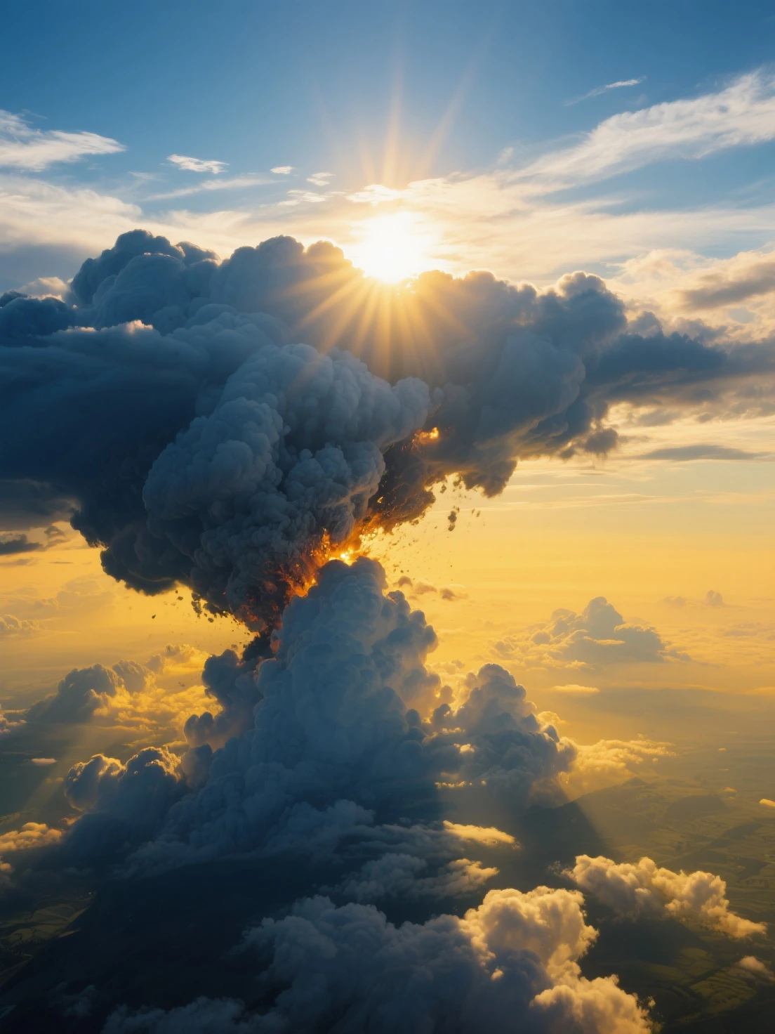 (masterpiece),(best quality:1.0), (ultra highres:1.0), detailed illustration, 8k, Large ultra bright sun, huge sun, the sun is particularly large, especially clear, red & golden burning like fire, hanging in the sky, radiant, clouds, real, beautiful, spectacular. The magnificent panorama is rendered in 3D, beautiful sea of clouds
