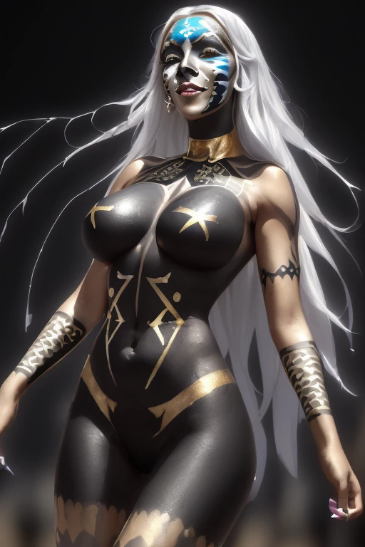 full body looking to viewer standing straight symmetrical against contrapposto yellow tiger print BIKINI stockings sleeves, hands on waist hips, navel, (Vladilena Milize) (grey big eyes:1.5) grey long hair, scar between eyelashes