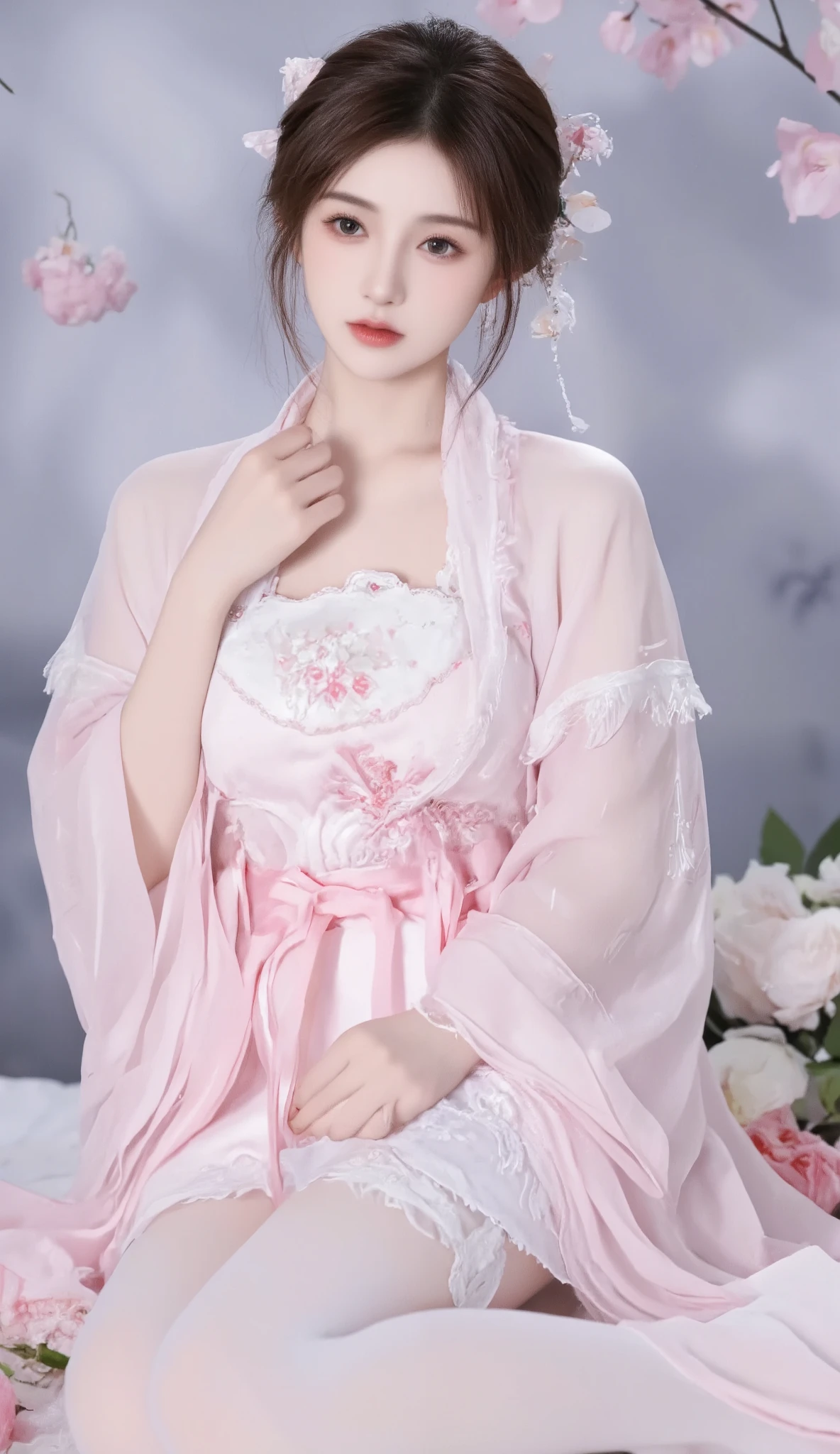 robe, 1 girl, [[bow, eyes, flower, Ribbon, Rose, Chest, Chinese clothing , Chinese clothing , skirt, flower, Gradient , Gradient background, embroidered ball flower, Watch the audience, small Chest, white pantyhose, Rose, Single, thigh 连裤袜