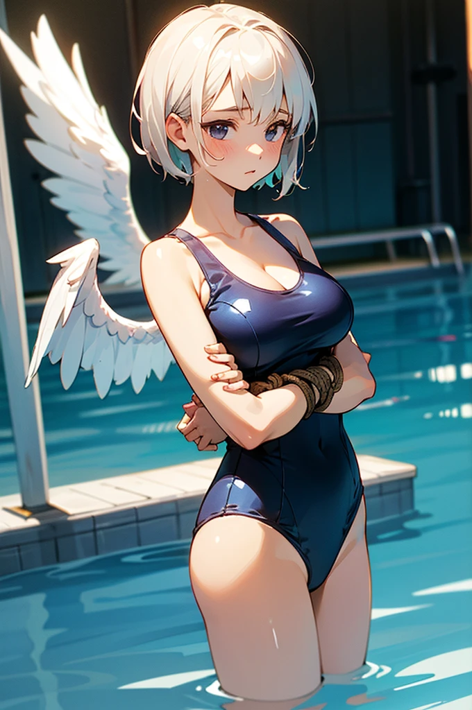 short hair、gold and silver hair、Twinkling eyes、blue eyes、Three pairs of angel wings、Embarrassing、shine、reflected light、Film Grain、masterpiece、Textured skin、Super Detail、High Detail、high quality、最high quality、High resolution,Pool,blue sky,Swimwear,summer,Tankini