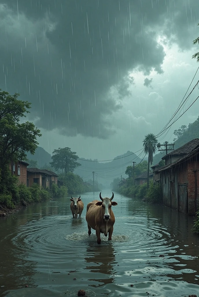 A village building, hut, many people, men, women, children, some cows are drowning inside the water because of the flood water. Rain is coming from the dark cloudy sky above. Behind a dam from where the water is continuously falling from where this flood is caused.