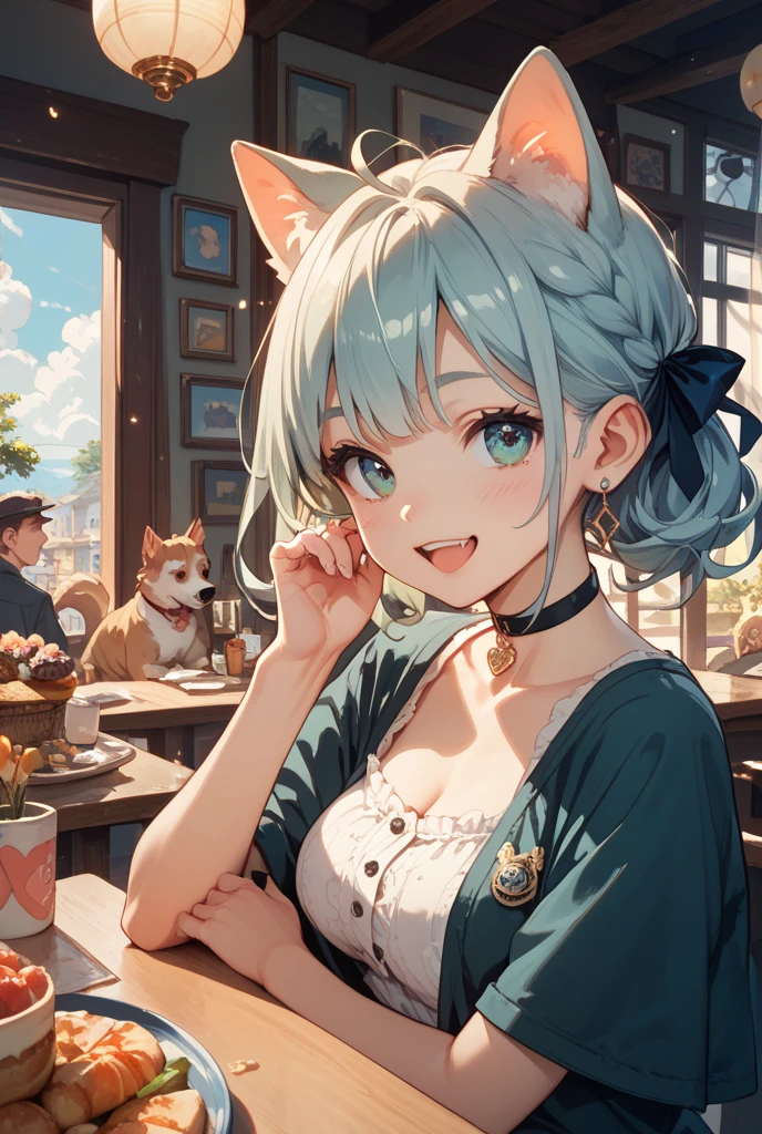 Scottish folding cat, closeup cleavage. cafe,