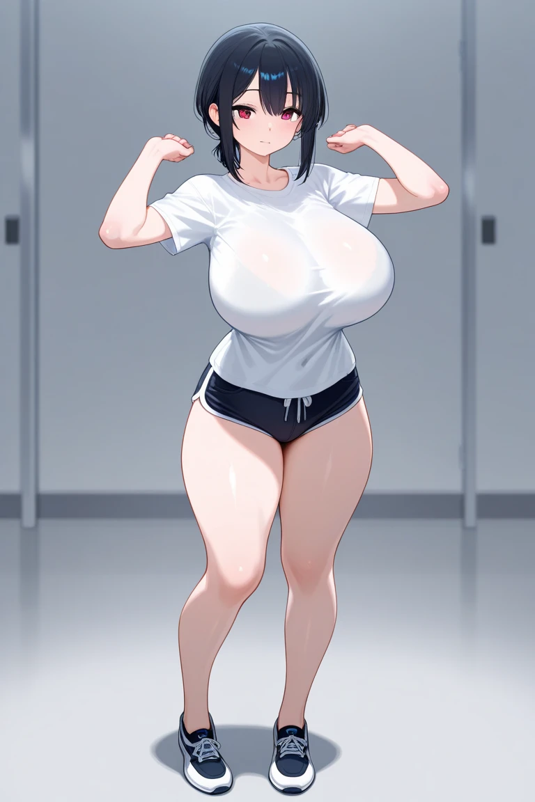 (masterpiece:1.4)、(highest quality:1.4)、ultra high resolution、beautiful features、30 year old woman、mature female, milf, mother, purple hair、Sports Bra、sportswear、(huge breasts:1.3)、red face、serious expression、locker room