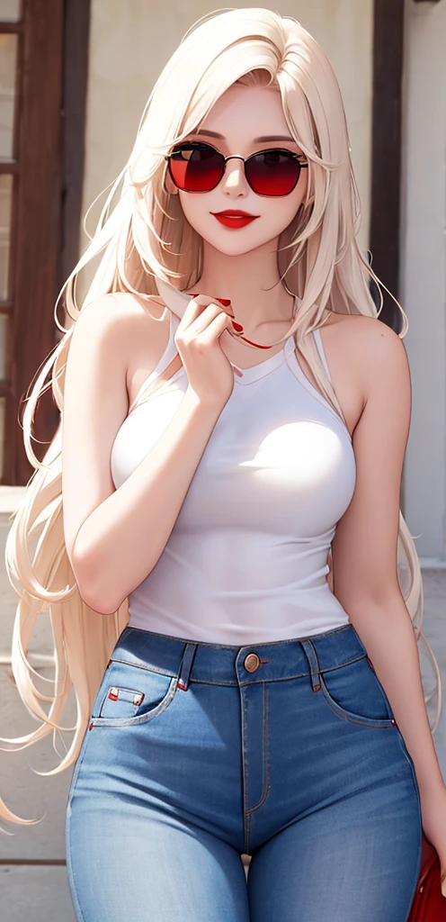 25-year-old Caucasian woman、platinum blonde、blue eyes、semi-long、my hair is wavy、Hair is tied up、I can see the belly button、My abs are cracked、smile、Slender but well-proportioned muscular body、I don&#39;t want my head to disappear from the screen.、wearing a blouse、wearing a tight skirt、He is sitting on a one-person sofa with his hands on the armrest and his legs crossed.