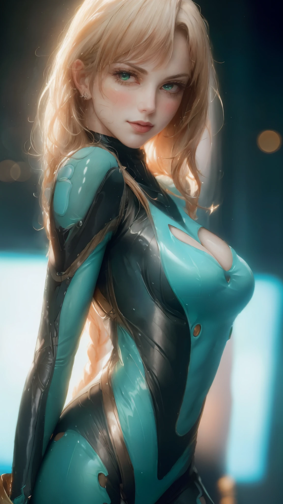 masterpiece, best quality, a beautiful woman with long shiny hair, choppy bangs, delicate face, passionate gaze, perfect smille, blush, seductive expression, tall and fit figure, perfect body, perfect skin, seductive pose, sexy Futuristic Technological Nanogel Clothing, the color scheme is primarily White with Green accents, this character embodies a finely crafted sexy beauty, exquisite and mature art style, mikoyan, anime aesthetic, simple shading, cell shading, goddess, feminine, exquisite photography, depth of field, bokeh, photorealistic, even and soft lighting on face, dramatic, high definition, highres, ultra detailed, professional photo, perfect body proportions, anatomically correct, symmetrical face, extremely detailed eyes and face, perfect eyes, high quality eyes, creativity, RAW photo, UHD, 32k, portrait lighting, cinematic lighting, (masterpiece-anatomy-perfect:1.2)