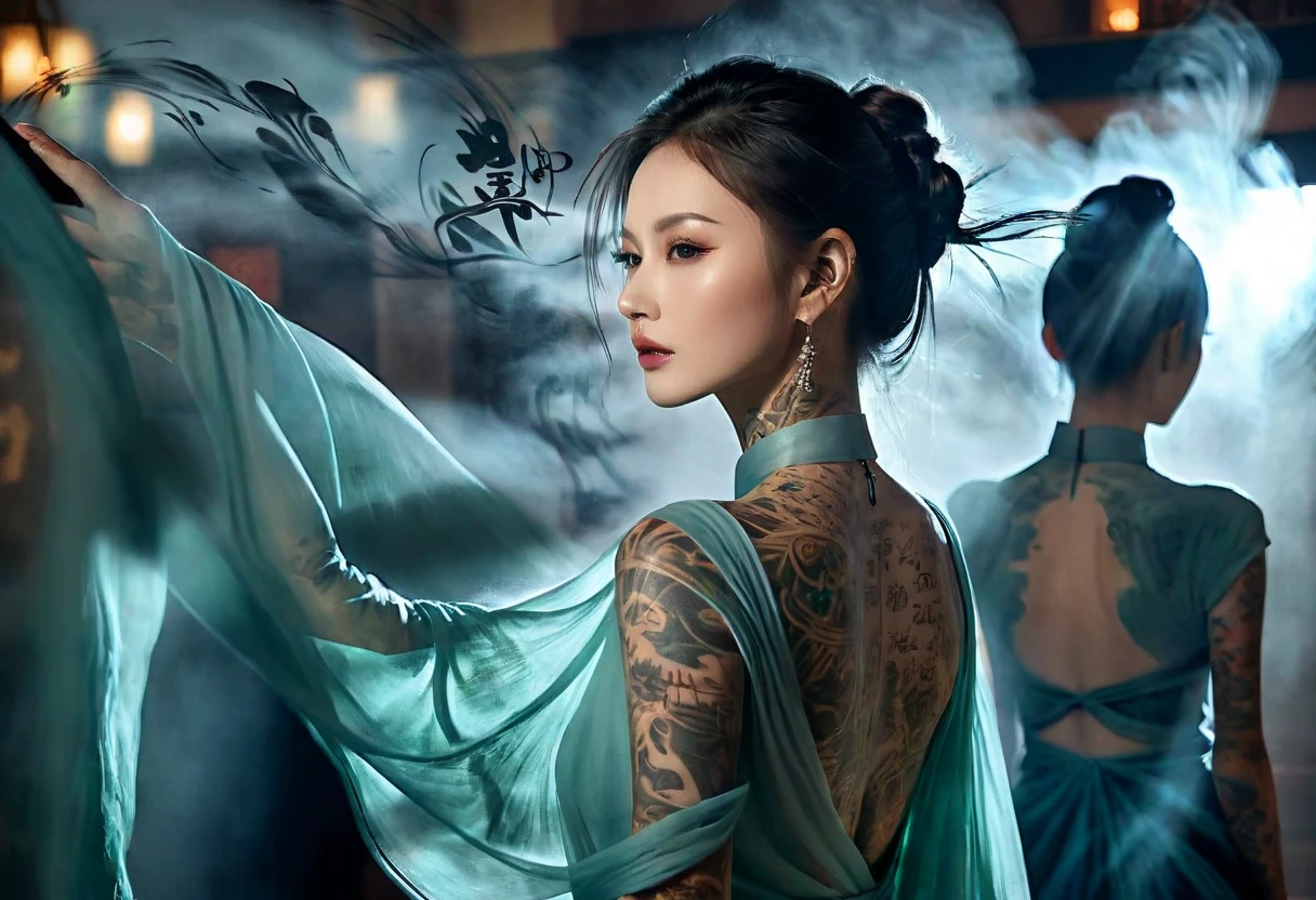 Double Exposure Style,Volumetric Lighting,a girl (Supermodel) with Wrap top,arching her back, beautiful tattoo, Traditional Attire,Artistic Calligraphy and Ink,light depth,dramatic atmospheric lighting,Volumetric Lighting,double image ghost effect,image combination,double exposure style,