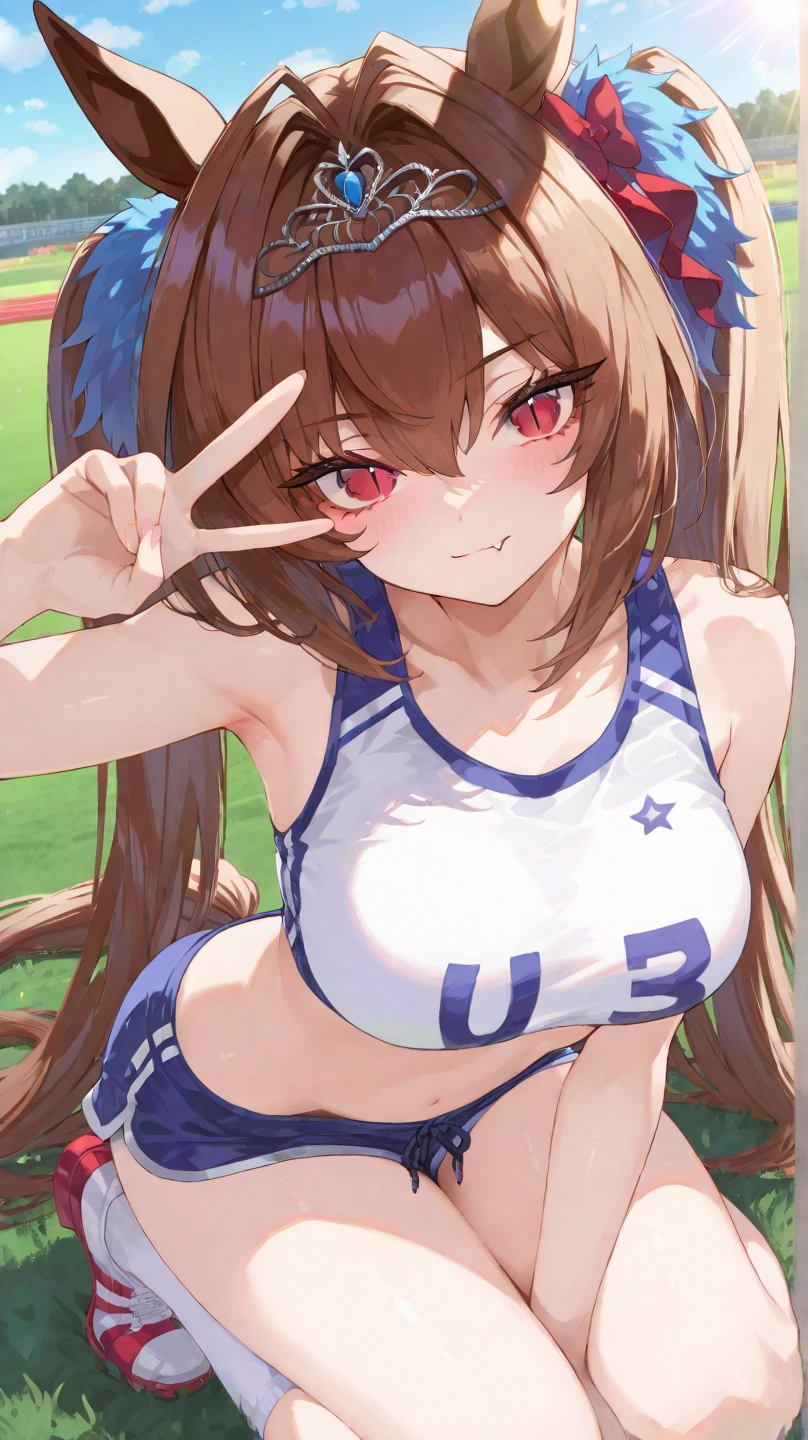 masterpiece, super fine illustration, best quality, light particles, ultra-detailed, 8K wallpaper, (bright colors:1.2), (mature woman), (big breasts), (blonde long hair), twintail, two side up hair, scrunchie, disheveled hair, shiny hair, shiny skin, (beautiful green eyes, shiny eyes), happy smile, blush cheeks, (under boob:1.3), crop top, nipple, (micro skirt, vagina), (cheerleader:1.4), (girl wave 2 cheer pompons:1.2), blush cheeks, arched back, nsfw, outdoor, Athletics grounds, Sunlight, (heart), (vaginal penis:1.2), (a man), (sit astride on man), (lady on top), (cowgirl position:1.4), (rodeo:1.4), hetero, man in below, (intense Sex:1.4), (cum out:1.2), pov,
