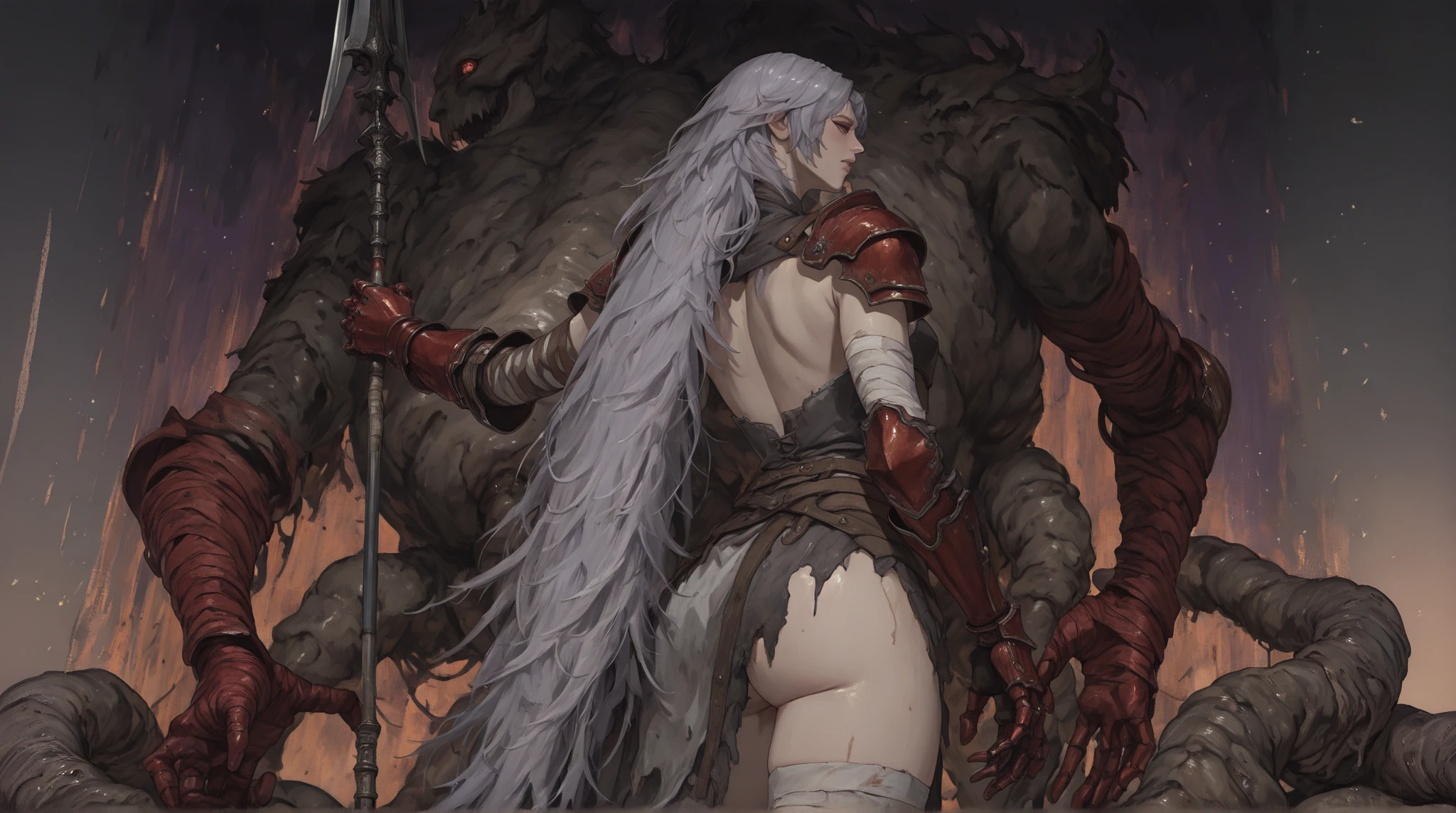 Una hermosa chica WITH orejas de gato, ((very long hair)) purple, WITH un flequillo lateral largo, ojos rojos, sharp eye, beautiful skin, extremely nice body, ,((pretty face)), alone, alone, (A white darksouls), (corrupt blade armor color white), WITH ((pointed shoulder pads)) and a neckline, falda abiertas por delante y a sus costados WITH terminacion en punta largas y blancas , (A big red gauntlet on the right arm), (left arm without gauntlet hands bandaged), ( a spear in his hand ), (botas negras WITH taWITHes), beautiful thighs, (She is standing on her back), (profile), (his back is visible) ,powdery background, Particles , strokes of volumetric light, (cueva WITH muchas agua, low light, y se ve una criatura enorme como una masa de carne WITH tentáculos sin forma, full of tumors, without human form , looks more like a bag of meat or a worm)