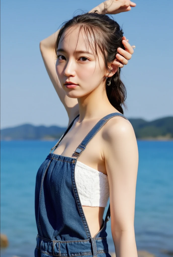 UHigh resolution, retina, masterpiece, Accurate, Anatomically correct, Textured skin, Super Detail, Attention to detail, high quality, Awards, 最high quality, High resolution, 1080p, High resolution, 4K, 8k, 16k、blue sea、Wide sky、deep sandy beach、Cute Girls、(Denim overalls　or denim swimsuit)、Sunburn mark、Lay a sheet on the beach、Rest in seat,(Very small and flat chest)、(Beautiful girl with double eyelids:1.5),