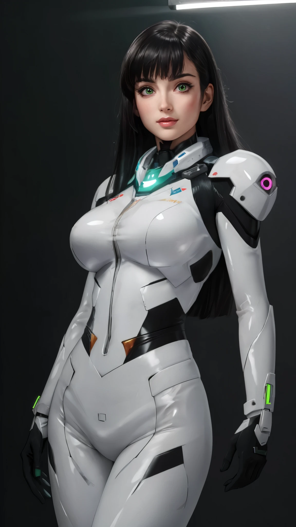 masterpiece, best quality, a beautiful woman with long shiny hair, choppy bangs, delicate face, passionate gaze, perfect smille, blush, seductive expression, tall and fit figure, perfect body, perfect skin, seductive pose, sexy Futuristic Technological Nanogel Clothing, the color scheme is primarily White with Green accents, this character embodies a finely crafted sexy beauty, exquisite and mature art style, mikoyan, anime aesthetic, simple shading, cell shading, goddess, feminine, exquisite photography, depth of field, bokeh, photorealistic, even and soft lighting on face, dramatic, high definition, highres, ultra detailed, professional photo, perfect body proportions, anatomically correct, symmetrical face, extremely detailed eyes and face, perfect eyes, high quality eyes, creativity, RAW photo, UHD, 32k, portrait lighting, cinematic lighting, (masterpiece-anatomy-perfect:1.2)