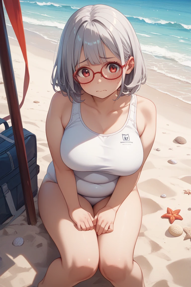 Anime illustration、highest quality、Plump 、One piece swimsuit、Poolside、Glasses、Lying on a deck chair、overwhelmingly big breasts、Thick thighs、Beautiful, shining eyes、Cowboy Shot、smile、Noise Reduction