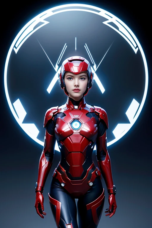 Highest image quality, highest resolution, 8K, human face, mechanical body, modified person, delicate facial features, 14-year-old girl's face, robotic arm, and a miniature nuclear reactor like Iron Man on his chest