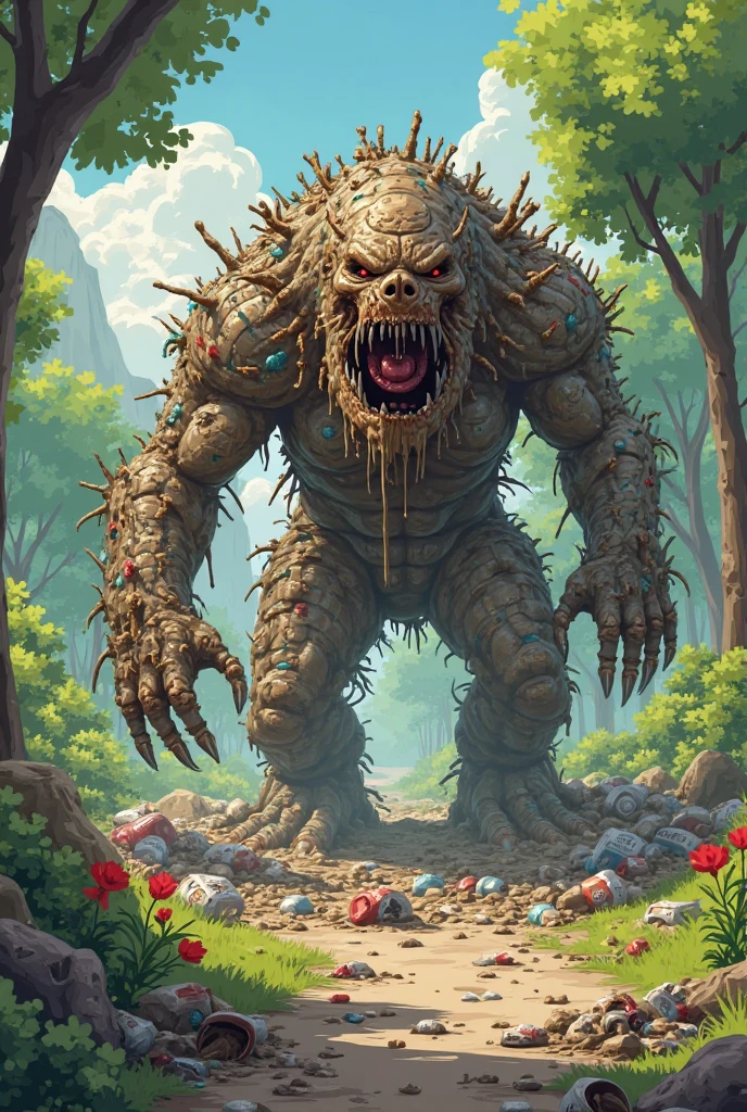 ugly disfigured monster made of rocks, moss and wood