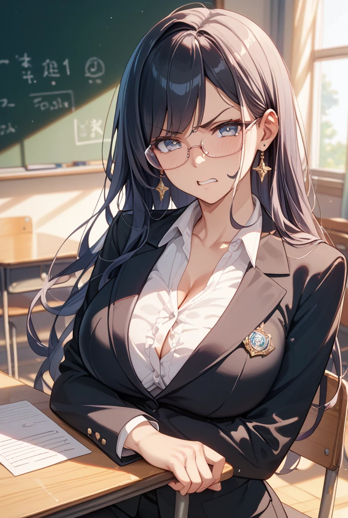 1 woman、black suit、white blouse、teacher、glasses、long hair、Classroom、 arm-crossed、Jin and the Royal Family、is angry、Big Breasts、 pumps、masterpiece、Highest Quality