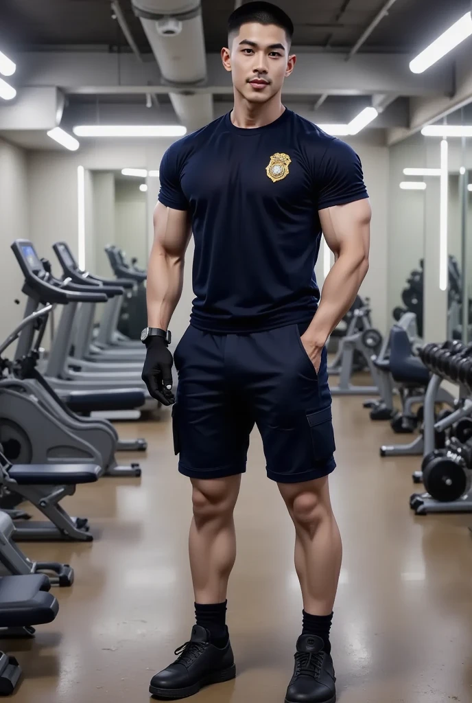 Ultra-detail, (highres:1.1), best quality, (masterpiece:1.3), Charles Melton a man <lora:asim-riaz-Charles-Melton:1>, skinny muscled, modern haircut, dynamic posture, ((wearing police polo shirt)), dramatic angle, full-body from above looking away,
