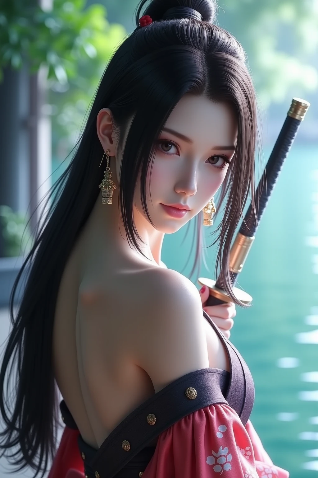 (masterpiece,best quality), asian woman holding a sword, samurai armor, white strapless bandage wrap around chest, sagging breasts, cleavage, narrow waist, collarbone, navel, fair skin, photo realistic , uhd image, glassy translucence, vibrant illustrations, ultra realistic, long hair, straight hair, portrait, bokeh, mysterious, night, sky, cloud