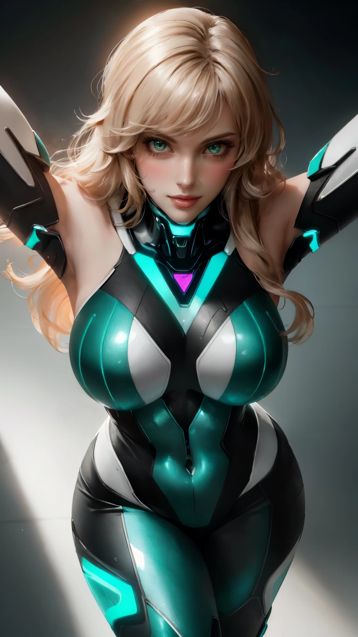 masterpiece, best quality, a beautiful woman with long shiny hair, choppy bangs, delicate face, passionate gaze, perfect smille, blush, seductive expression, tall and fit figure, perfect body, perfect skin, seductive pose, sexy Futuristic Technological Nanogel Clothing, the color scheme is primarily White with Green accents, this character embodies a finely crafted sexy beauty, exquisite and mature art style, mikoyan, anime aesthetic, simple shading, cell shading, goddess, feminine, exquisite photography, depth of field, bokeh, photorealistic, even and soft lighting on face, dramatic, high definition, highres, ultra detailed, professional photo, perfect body proportions, anatomically correct, symmetrical face, extremely detailed eyes and face, perfect eyes, high quality eyes, creativity, RAW photo, UHD, 32k, portrait lighting, cinematic lighting, (masterpiece-anatomy-perfect:1.2)