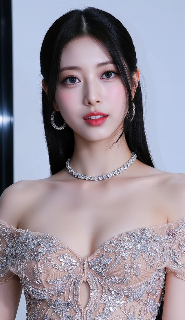 ((realistic:1.5)),((best quality)), ((Masterpiece)),((details)), (1 girl), 22-year-old beautiful girl, facial mix of korean actress Kim Ji-won, and phoebe cates, (half body:1.5), Tightening muscles, big thighs, Narrow hips, green eyes, large breasts, (details face, beautiful brown eyes, clear background:1.5), (dynamic gesture), (Normal skin, long hair, Sketched eyes, specified face, bracelet, half body), Wear elegant night dress, (revealing the chest, revealing large breasts, deep cleavage. Show your sexy face)