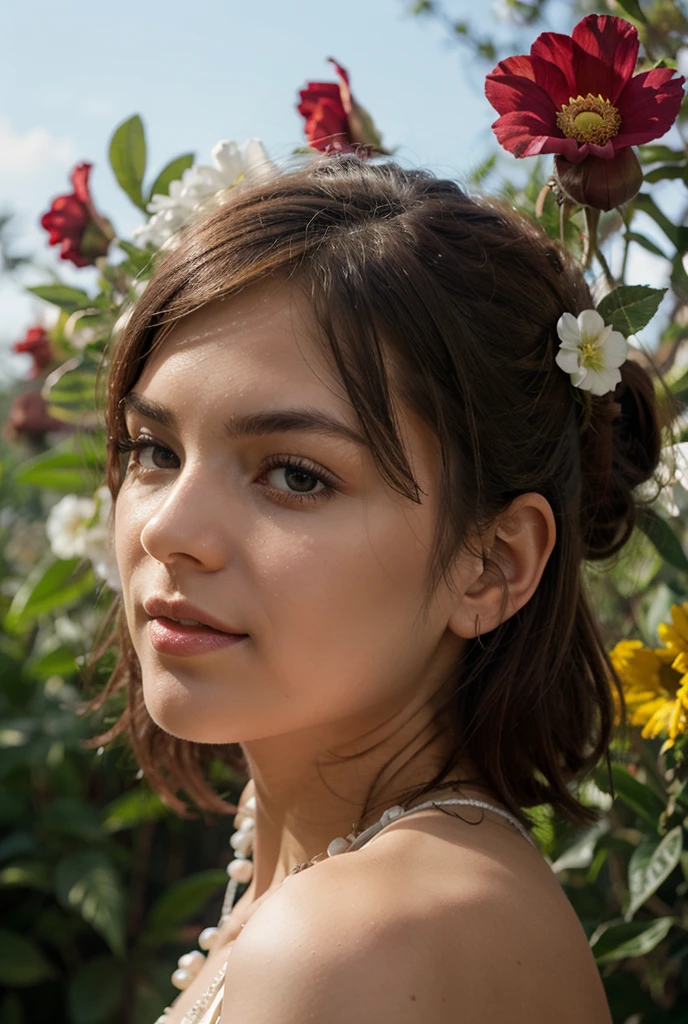 French, meadow, plump body, brunette, messy bun, hair flower ornament, yellow sundress, loving gaze