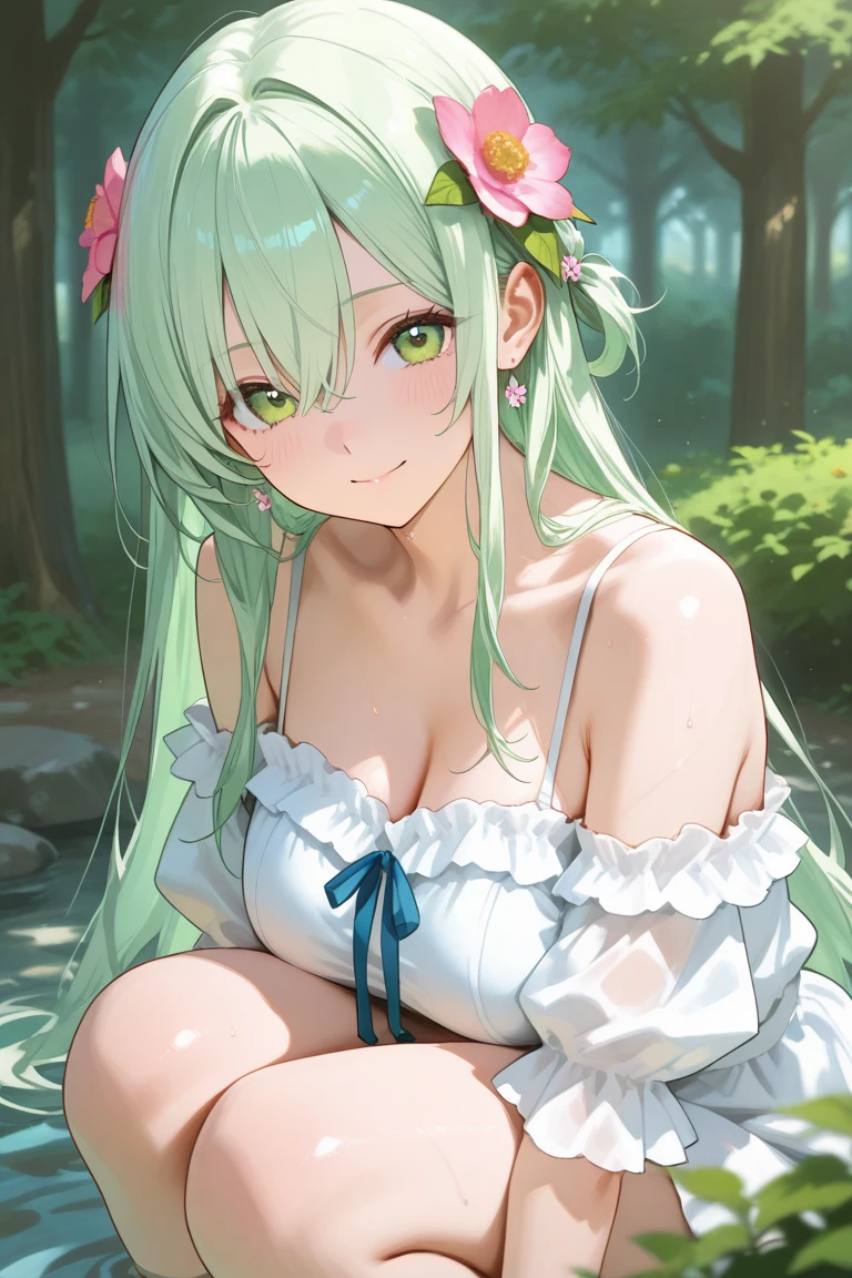 1 girl,Best quality, tmasterpiece, Long green hair, beautiful,detailed eyes, HD, super cute girl, super cute hairstyle, extremely detailed, Visually inspect the audience, The face is slightly red,is shy,adolable, small breasts cleavage, skirt, pleated skirt, frills, white dress, (solo:1.6), seductive smile, (green eyes with beautiful pupils:1.7), (on her knees:1.5), (garden background with butterflies and flowers around:1.2),