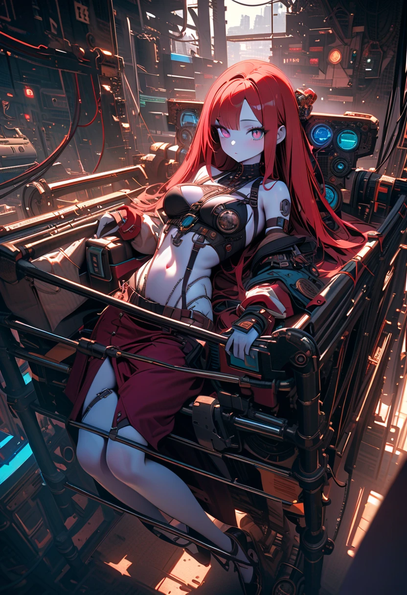 1girl, long red hair, robotic female connected to super computer, android, half robot, visible metal spine, red tubes, red cables, evil computer base, absurdres, high res, ultrasharp, 8K, masterpiece, high details , full body, standing ,big ass