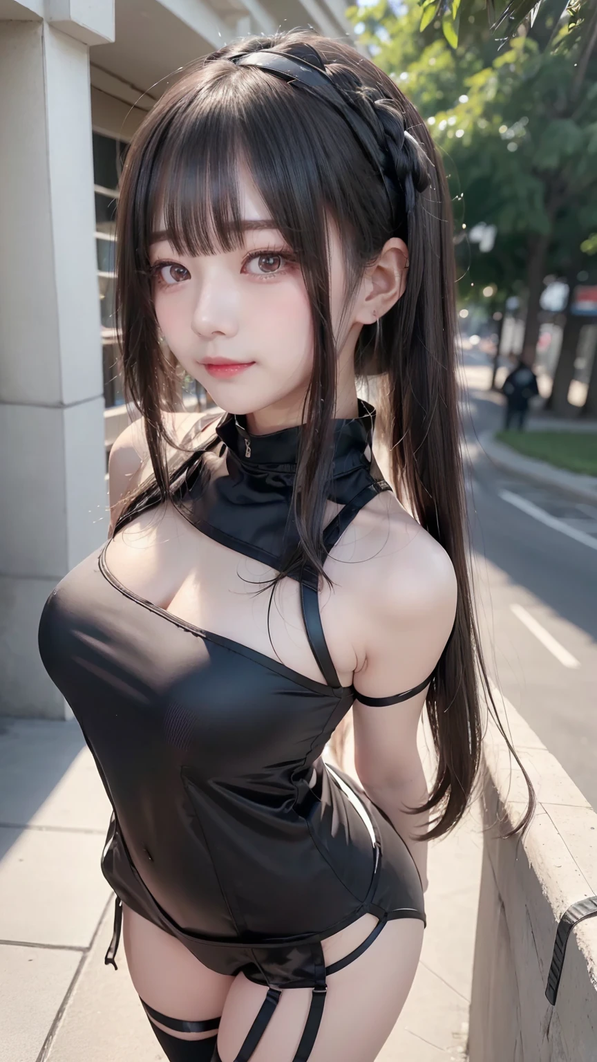 A girl in a bunny suit in Harajuku, Sitting on the floor, People in the background々, Wrist cuff, Detachable collar, fishing net, Black shiny outfit, Tight bunny suit, Beautiful Face, Detailed lips,
