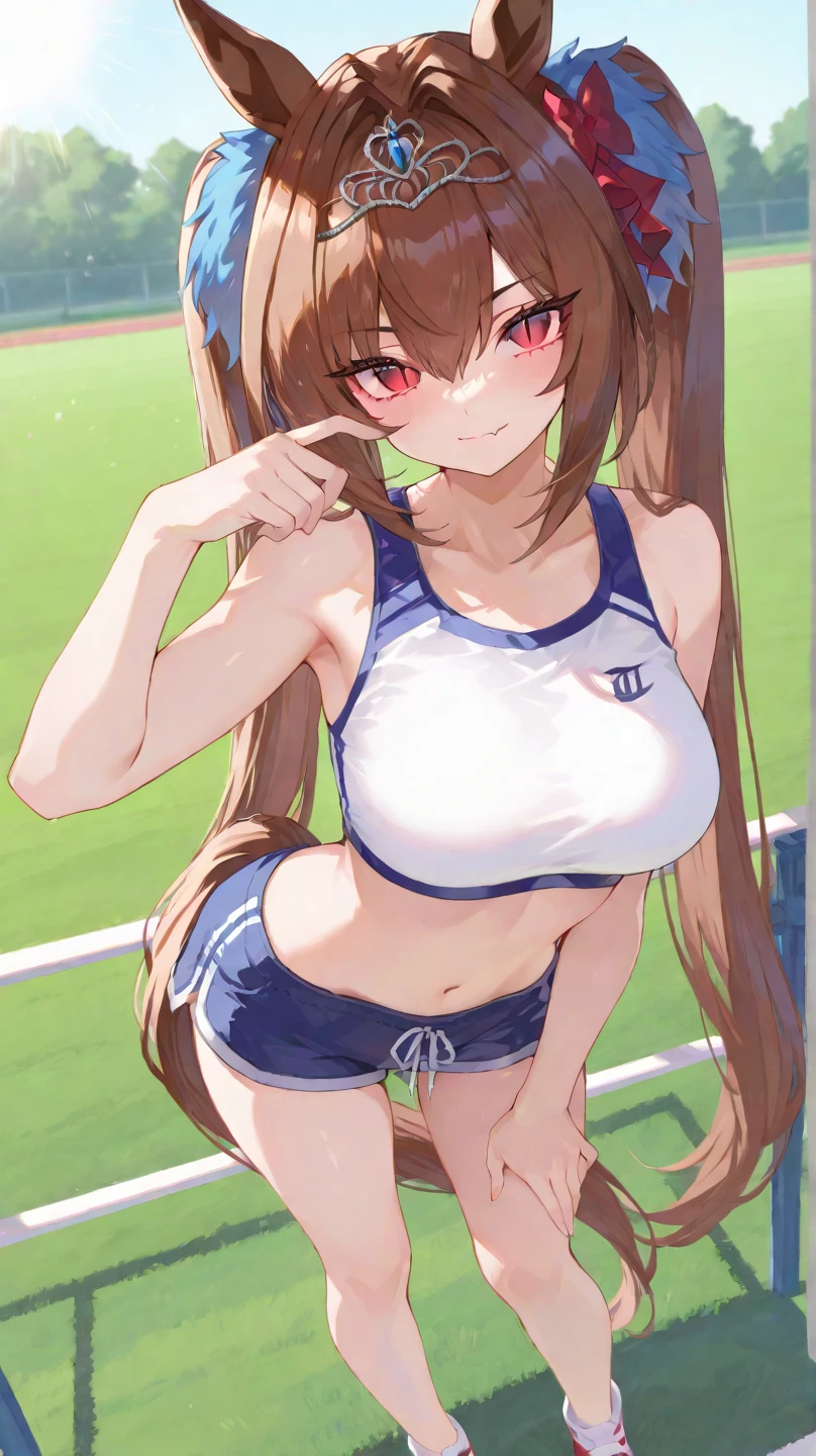 masterpiece, best quality, (kunikida hanamaru:0.999), (long hair:0.888), (breasts:0.878), (brown hair:0.875), (looking at viewer:0.699), (large breasts:1.0), Blush, Closed mouth, very tight tube top, strapless, cowboy shot, very tight shorts,in wrestling ring