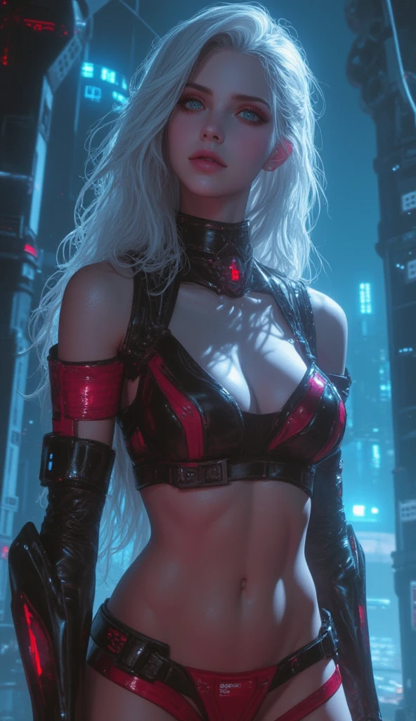 Dark Elf Girl, pale skin, Organic-looking outfit, sticky forehead, white eyes, visual art, PS5 cinematic screenshot, Highly detailed, Detailed cinematic rendering, ultra photorealistic raytricing, with cinematic lighting