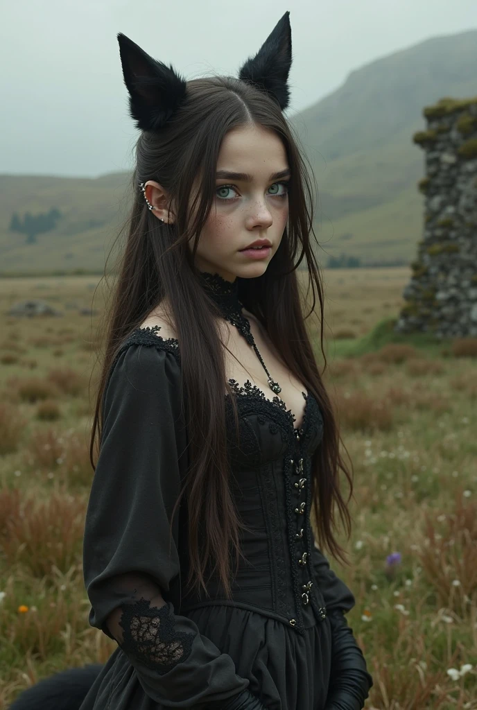 pale skin muscular goth brunette 13 year old girl huge breasts black lipstick in the style of William-Adolphe Bouguereau