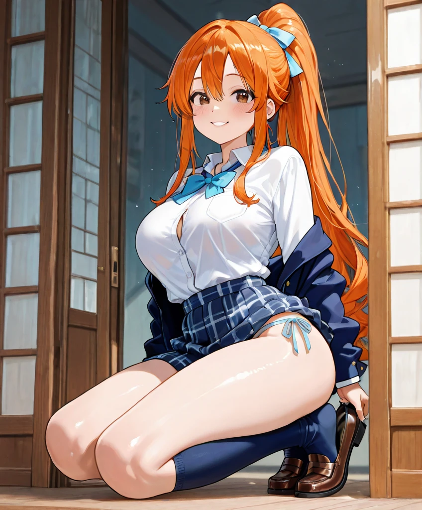 Draw Cassye Sandler, an anime-style female character with lung-length orange hair, thin orange eyebrows, and blue eyes. small breasts, thin waist, big perky ass, thick thighs. wearing a sexy casual outfit. She's wearing a sex bunny costume sitting on a bar stool with her ass stuck out behind her. doing very sexy and provocative positions and looking naughty. bottom-up perspective. view from the back. as sexy as possible without going over the limit of sensuality.