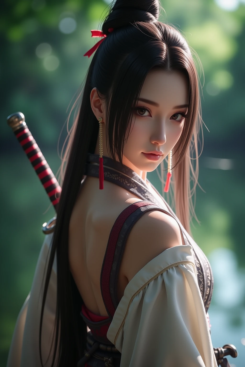 (Japanese sword &quot;Muramasa 2&quot;.0)Beautiful and pretty woman with、Tie your hair back、hair ornamentartial artists、Warrior、Crisp eyes、Tattoo on arm、samurai、