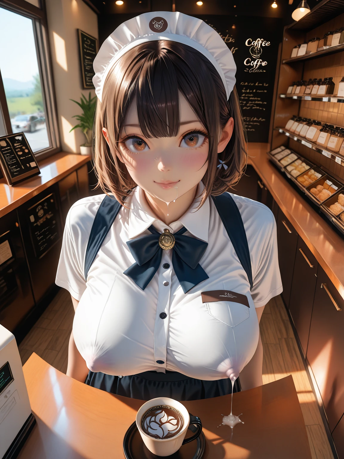 ((masterpiece))、((Highest quality))、photograph、reality、High resolution、Advanced Depth of Field、become close、Realistic lighting、Delicate facial features、Realistic Background、(The whole body is shown:1.2)、(Big Breasts:1.2)、(Erect nipples:1.2)、(Slender:1.2)、(Hamburger Shop Uniform:1.5)、(Collared shirt:1.2)、(Short tight skirt:1.2)、(apron:1.2)、(The background is an empty cafe:1.2)、(Early teens:1.5)、(Young face:1.5)、(Short)、(Braid)、Glasses