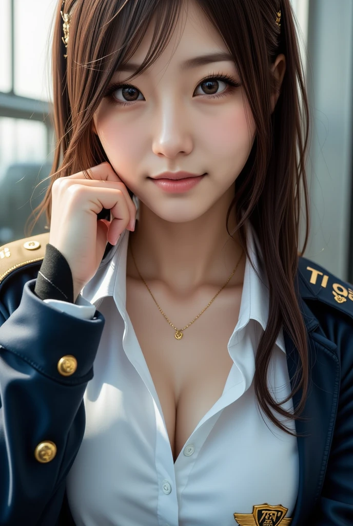 Highest quality, 8K quality, Masterpiece, (Two women with super big breasts are standing side by side facing this way.), (Super big breasts compressed in clothing:1.3), Whitening skin, Sparkling Blue Eyes, Deep crimson sailor collar uniform, Pleated skirt, Above the knee, (Super big breastsを手で握り潰している), A posture where the waist is bent forward to emphasize super big breasts, White panties, Breast Grab, Eyes closed and mouth open, Super big breasts