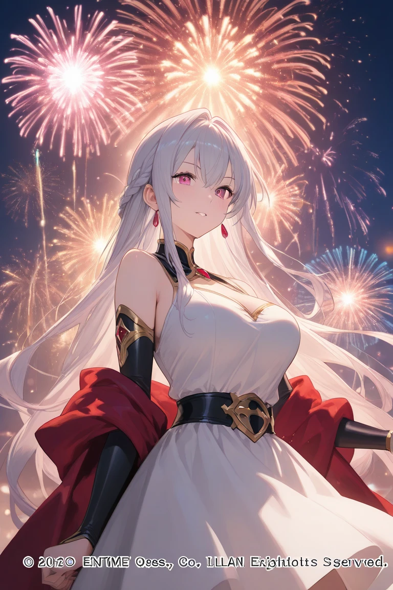 slender, mature female, rating:safe, fireworks, 1girl, animal_ears, long_hair, breasts, thighhighs, solo, smile, looking_at_viewer, very_long_hair, detached_sleeves, green_eyes, wide_sleeves, dress, white_legwear, silver_hair, fox_ears, standing, bare_shoulders, fox_tail, medium_breasts, bangs, eyebrows_visible_through_hair, black_gloves, fox_girl, multicolored_hair, sideboob, hair_between_eyes, tail, ahoge, sky, ribbon, two-tone_hair, outdoors, long_sleeves, white_hair, night, bow, blush, gloves, cleavage, japanese_clothes, black_dress, sidelocks, detached_collar, aerial_fireworks