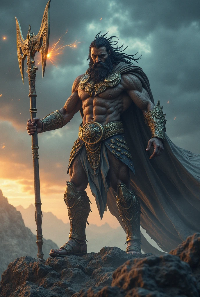 (highly detailed: 1.2), (canon EOS R6 best image quality: 1.2), (8k: 1.0), (dynamic stance: 1.2), masterpiece, best quality, (canaanite storm god Baal: 1.2), (extremely detailed skin: 1.2), (with a lightning eyes: 1.2), with his thunder staff, wearing celestial mythological costume, , athletic, his whole body can be seen, he has a long curly black beard and long black hair, wearing a helmet with two horns, wielding a mace in his left hand and a thunderbolt-like spear in his right hand, sparks emit from the flashy spear, he is standing in the midst of a raging thunderstorm
