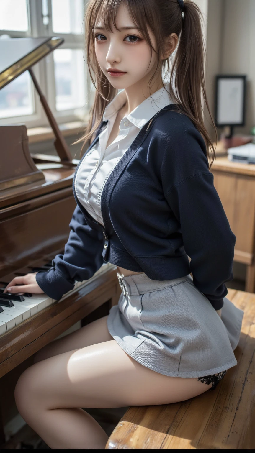 1girl,huge breast, brown hair, white clothes, black skirt, ultra detailed, masterpiece, realistic