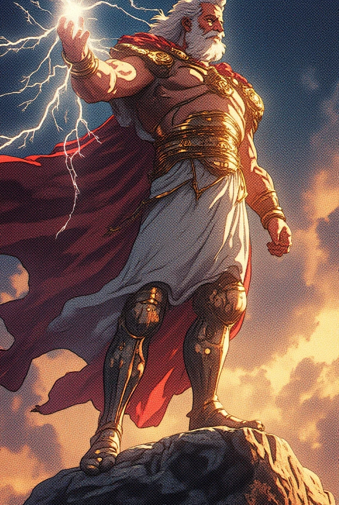 A closeup of a man with a lightning bolt in his hand, inspirado em Joe Jusko, Humanoide Balrog Muscular, forte e imponente, muscular male hero, Retrato pintado de Zeus acidentado, homem buff, Mark Brooks detalhou, O Deus Hefesto, Balrog, Hefesto, muscular character, Furioso Deus Zeus, pintura de buff, face perfeita