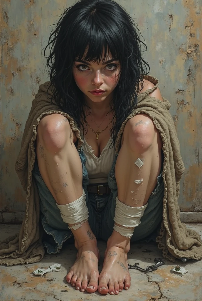 masterpiece, (best quality), perfect eyes, boundary, Restraint, (arms back:1.4), toy, enlargement, suppressed, The best anatomy, Crouching down, upper body, female, solid body, 성숙한 female, medium chest, pale, dark brown hair, medium hair, eye patch, backhanded, spooky, adult, hazel eyes, shorts, crazy eyes, messy hair, Sweeping bangs, diaphragm, messy hair, be good at sports, wavy hair, windy hair, shorts, t-shirt, hogtie Restraint, messy hair, lie down, Tied down, gag