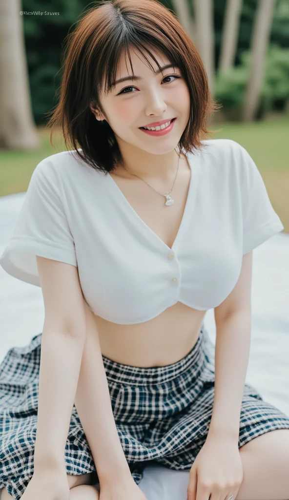 Medium view, Medium shot, Depth of field, Bust, Upper body, Movie Angle, Masterpiece, Best quality, Super detailed, CG, 8K wallpaper, Beautiful face, Delicate eyes, A maiden, Solo, Smile, bangs, Skirt, shirt, Hat, dress, bow, petals, Bouquet,huge tit,crisp breasts,Big breasts,cleavage,a plump buttocks,Cocked buttocks,Toned abs