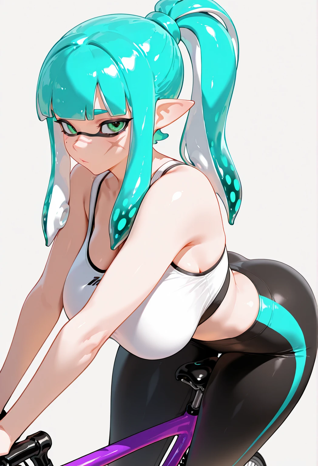 masterpiece、Highest quality、High resolution、Real Anime、3d、Digital Painting, Action Shots, One Splatoon girl, Inkling、woman, (Impressive Equestrianism:1.3) 、 [:Complex, skimpy costume design,:0.2]、gigantic breast、Prism Gradient Tentacle Hair, Aqua Hair, Taper Cut,Side Ponytail, Golden Eyes、A slightly thinner face、blush、Hourglass Shape, White、With colorful guns、Dynamic Pose、Dynamic Angle、