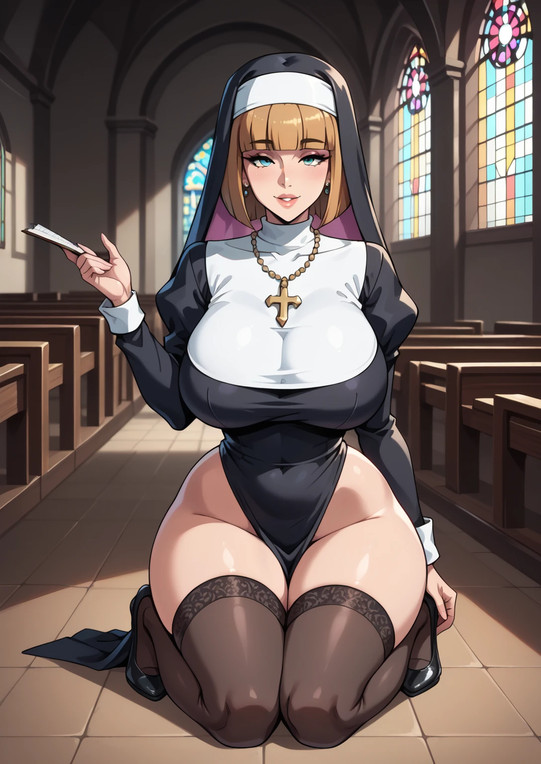 (masterpiece, best quality:1.2), aka6, 1girl, solo, , big , black hair, looking at viewer, lips, blushing, green eyes, looking down on viewer, church, nun, stockings
