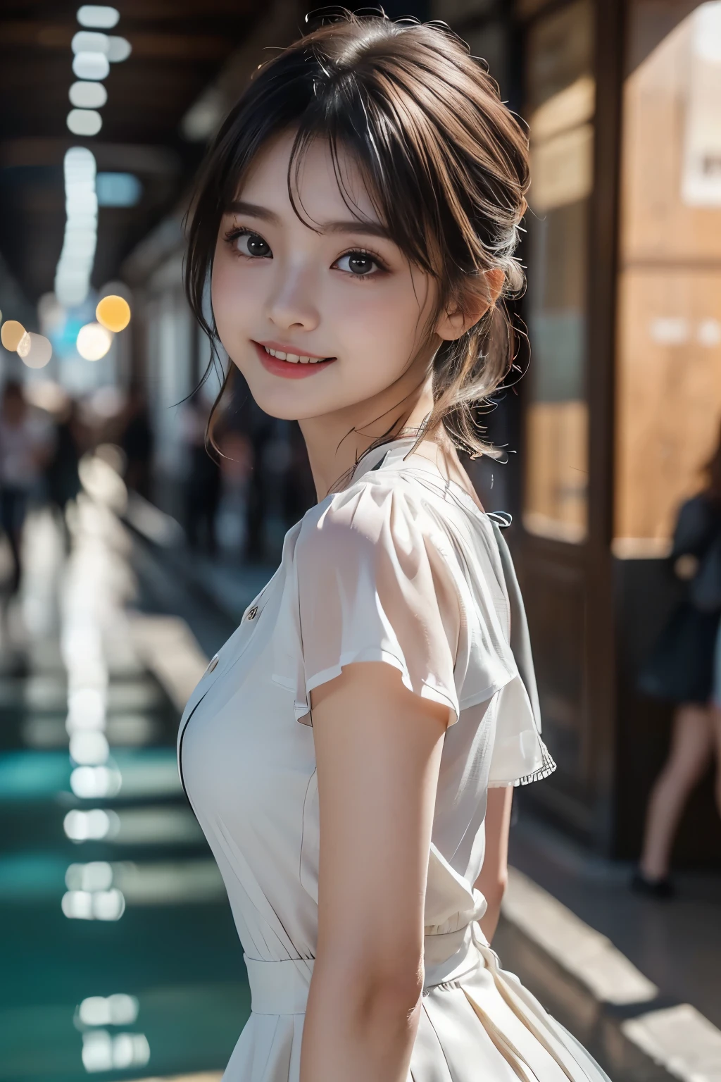 (Highest Quality、masterpiece、super quality、Super accurate 、UHD、Ultra High Definition:1.2)、(16k、Photorealistic、Photographic Realistic、 RAW photos 、f/2.8:1.uper realistic details、high detail、very detailed、Highest Qualityの影、depth of field in shallow water、Raytracing:1.2)、(Baby Face、Beautiful girl fashion model、20 years old:1.uper cute face、One Nogizaka girl:1.3)、(dynamic action、full body、stroll、Professional cinematography、low angle:1.agitales、double eyelids、beautiful, clear, dark eyes)、(natural makeup、crystal pendant for acting)、(big smile、happy:1.hort bob with brown hair、shortcuts、bungs、流したbungs:1.2)、(Completed、完璧な比率、Beautifully detailed body、Beautifully detailed hands and fingers、Beautifully detailed legs、 white skin、very detailedな肌と顔の質感:1.2)、( colorful costumes 、Erotic Mini Skirt Dress:1.4)、(Paris Fashion Week、 fashion show venue 、fantastic、Mysterious、spotlight:1.5)、(歩くBeautiful girl fashion model:1.4)、( beautiful Korean girl 、 cinematic lighting 、professional lighting)