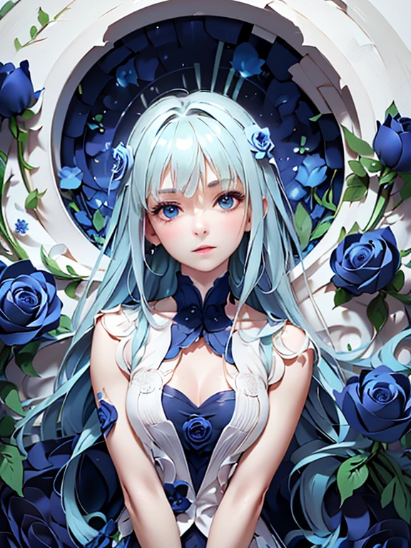 ((Highest quality)),(Ultra-high resolution),Flared skirt dress,High neck、The dress is made of blue roses、Highly detailed CG Unity 8k wallpaper, , Earrings, Blue hair, Curly Hair, Blunt bangs, Straight bangs, Blue eyes, White skin, Gal, Improve、Her flat chest is hidden by her dress