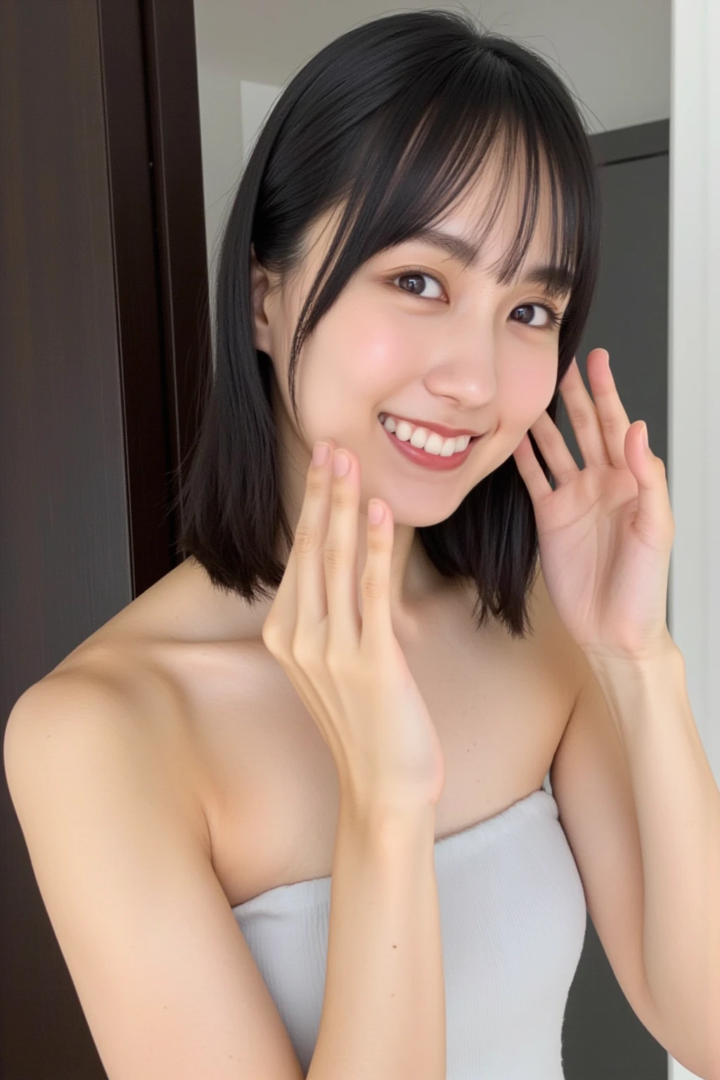 1people、Delicate skin quality、日本people、((Highest quality, 4K, Masterpiece: 1.3)), Beautiful style: 1.4, Long brown bob, Completely naked, Large Breasts, Wet body, Sweaty, smile, Empty-handed, Highly detailed face and skin texture, Fine grain, double eyelid、The whole body is visible、White teeth、teacher、Teaching lessons、Pointing to the right、palm up、To be able to see the whole picture