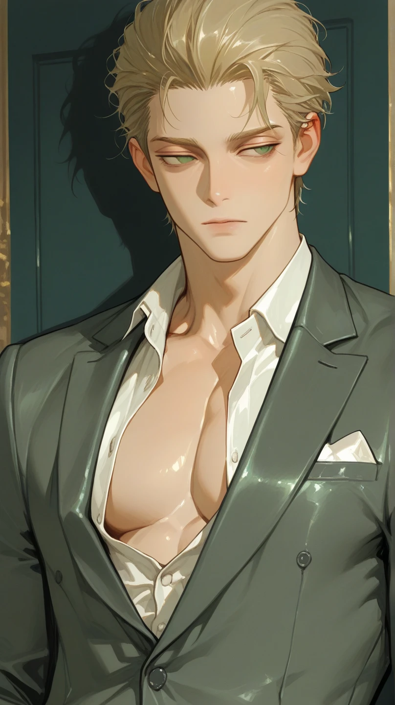 4k, high resolution, best quality, masterpiece, perfect color, perfect shade, perfect lighting, Posted by e621, ((portrait)), ((handsome man)), perfect male figure, Short hair details，chest muscles，abdominal muscles，Naked torso,  Detailed face, perfect face, (stood up), Detailed background, ((Bonifasco Lighting)), (delicate eyes),(),green hair,
