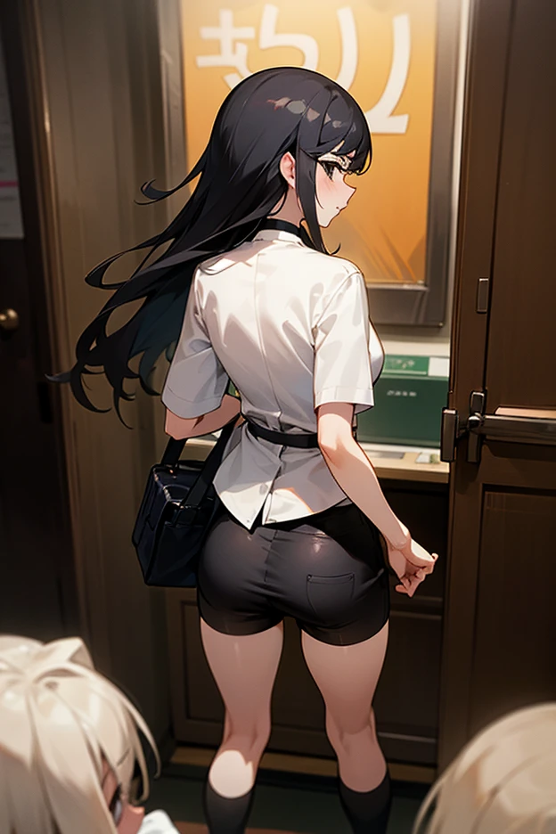 Solo: Composition seen from directly behind:1.9 Close-up on the back of the head:1.9. Back:1.9 Women　Crying face Tears:1.9. Apartment Room　Full body view　High ponytail:3.6　Working adult, white collared shirt, 3/4 sleeves, black skirt, black jacket, short black hair, straight hair, hair tie　Brown eyes, tall, strong-willed, tall and slender, large breasts, narrow eyes, beautiful