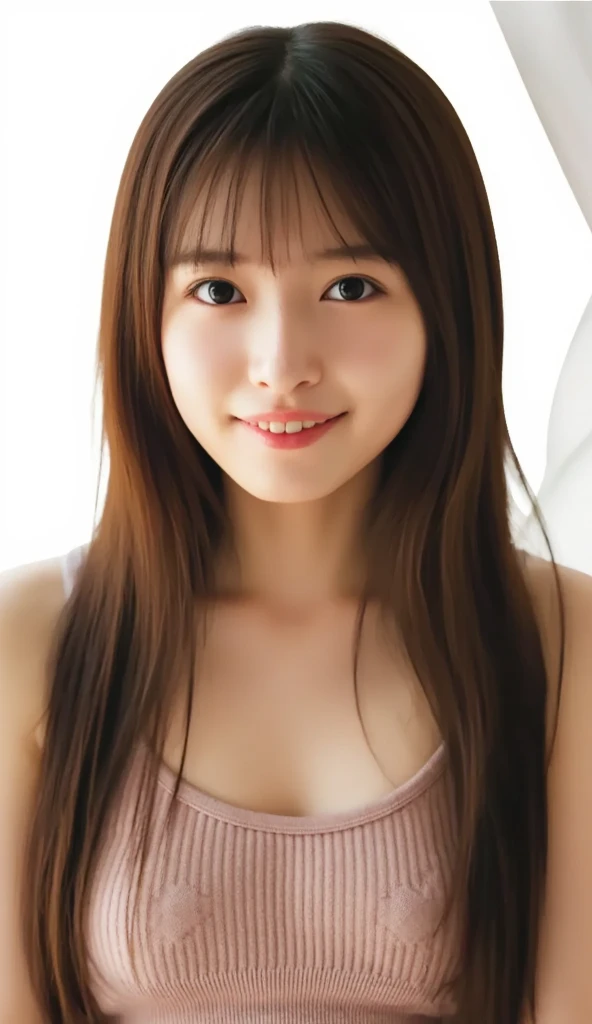 highest quality, figure, super detailed, finely, High resolution, 8k wallpaper, 完璧なダイナミックな構figure, beautiful skin, (Big eyes that shine like jewels), 20 year old beautiful girl, natural color lip, random sexy poses, Chest middle, smile, Highly detailed face and skin texture, Detailed eyes, Double eyelid,leaking teeth and laughing, close-up,   beige medium hair, (Pink shirt:1.2), indoor