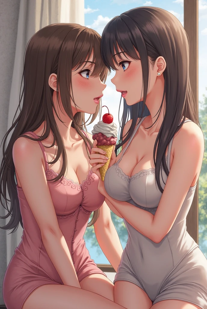 (2girls),((Yuri))),((Eye contact))),(Looking at each other),Eating ice cream,Sticking out your tongue,Sitting,(Best Quality), ((Masterpiece)), (Hi-Res), Castle,Perfect mature female body, Slim thin body,Original, Medium breasts,Highly detailed 8K wallpaper, sweat,Wet hair,(Very delicate and beautiful),Contour deepening, Photorealistic, precise geometry, intricate details, eating one ice cream