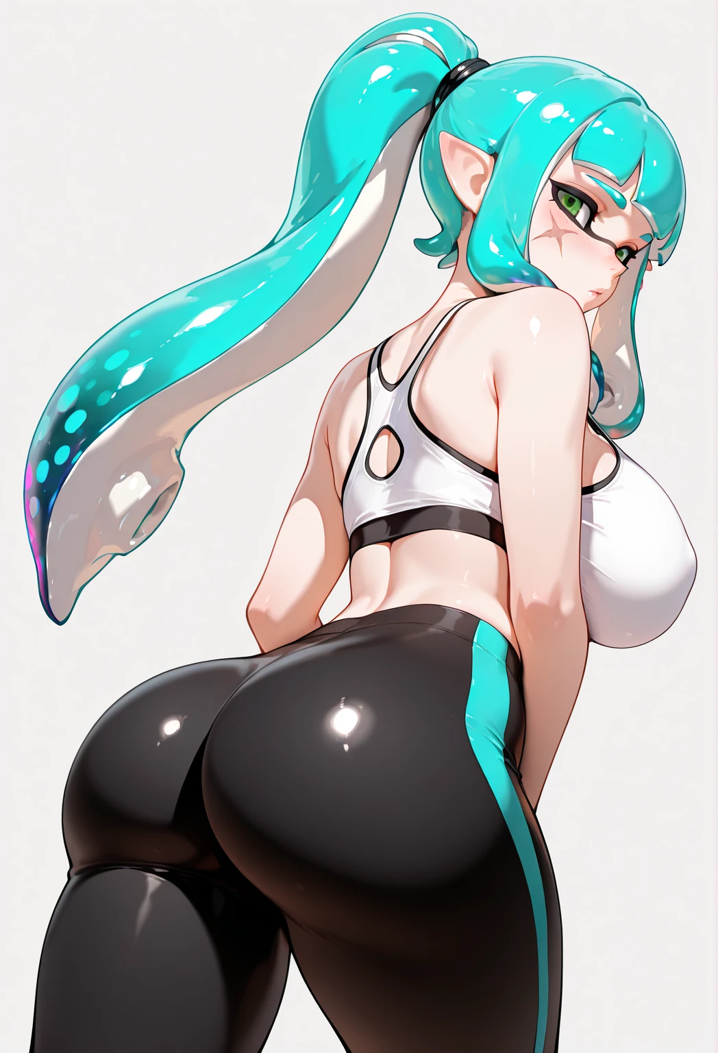 8K, high resolution, NSFW, lie on the ground, cocked buttocks, top-down_bottom-up, from below, (gigantic breasts), huge pelves, inner flesh, splatoon, strong eyes, (Marina:1.2), (dark skin:1.4),